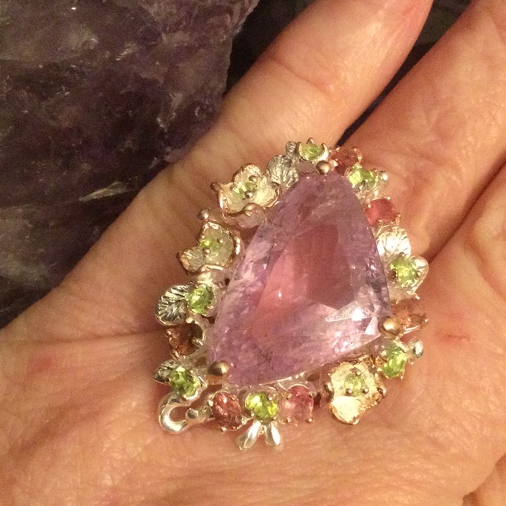 Magnificent Huge Genuine Kunzite & Tourmaline Ring, Rare Dreamscape Facet - Picture 10 of 12